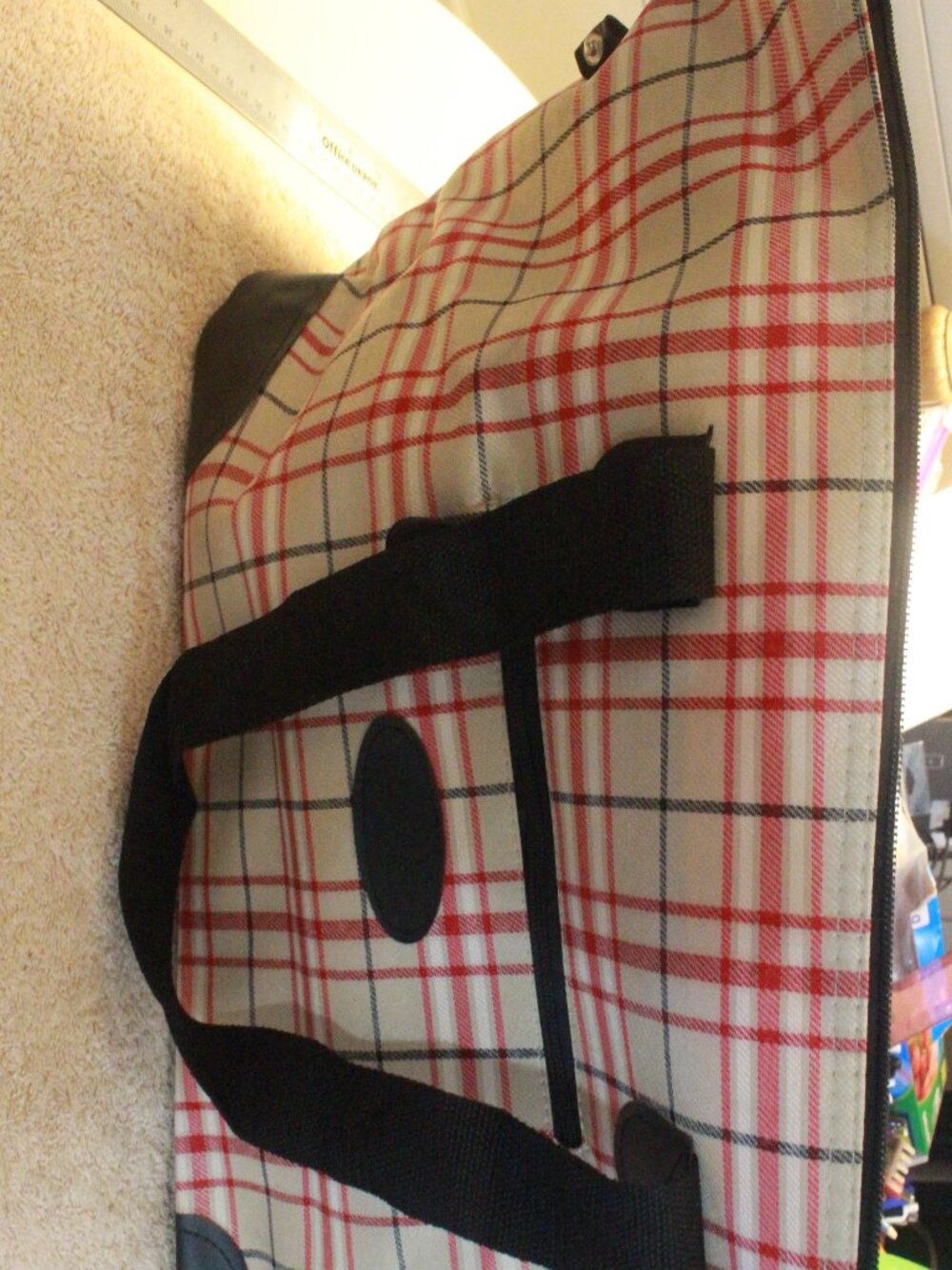 Cream Red & Black Plaid Zip Tote with Black Handles